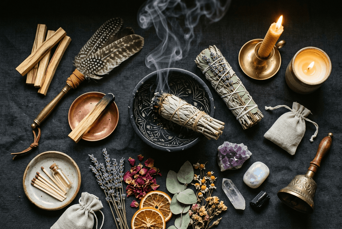 Smudging for beginners: herb bundles, wooden sticks, and shells arranged on a dark surface.
