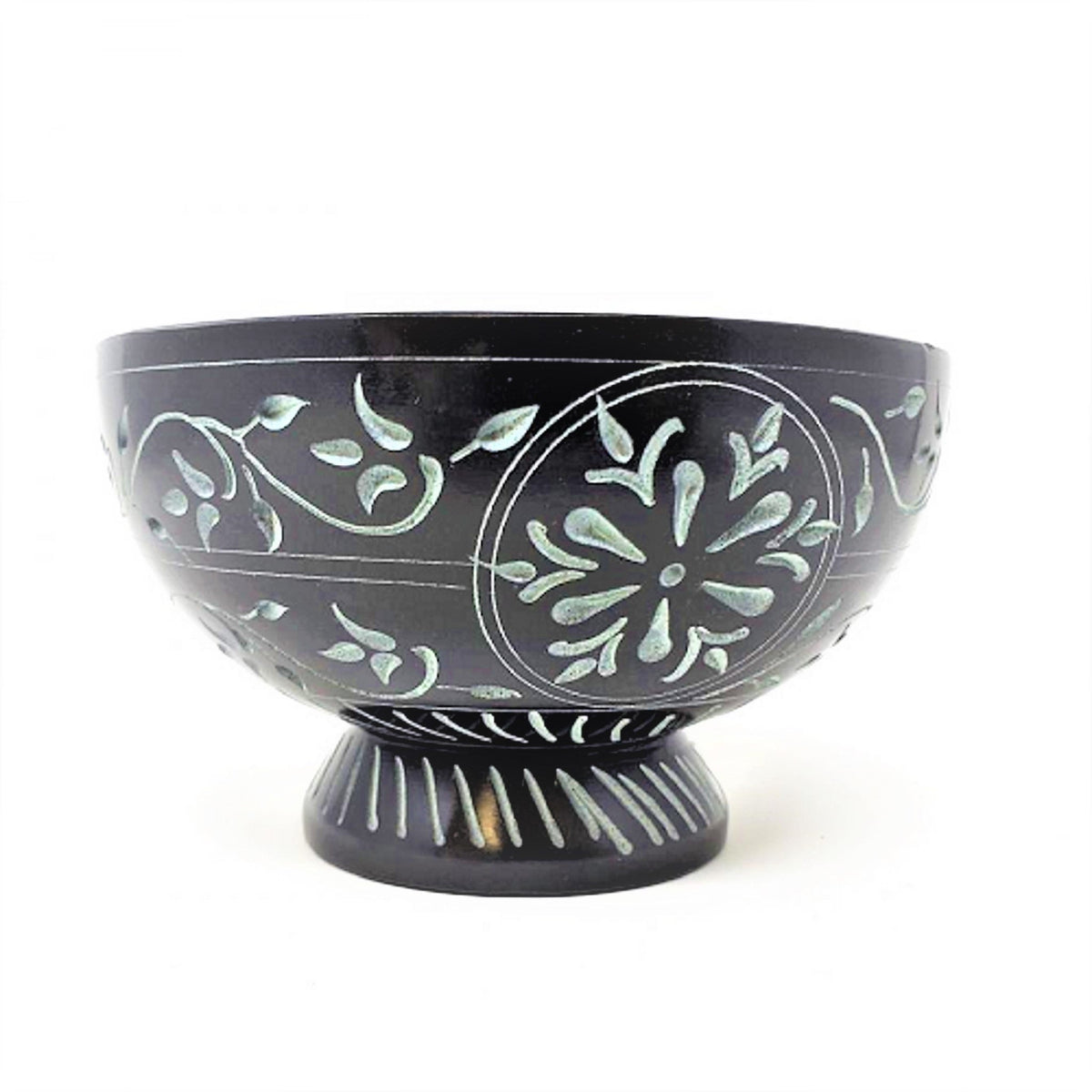 Sacred Bloom: Floral Hand-Carved Black Soapstone Bowl ( 3")