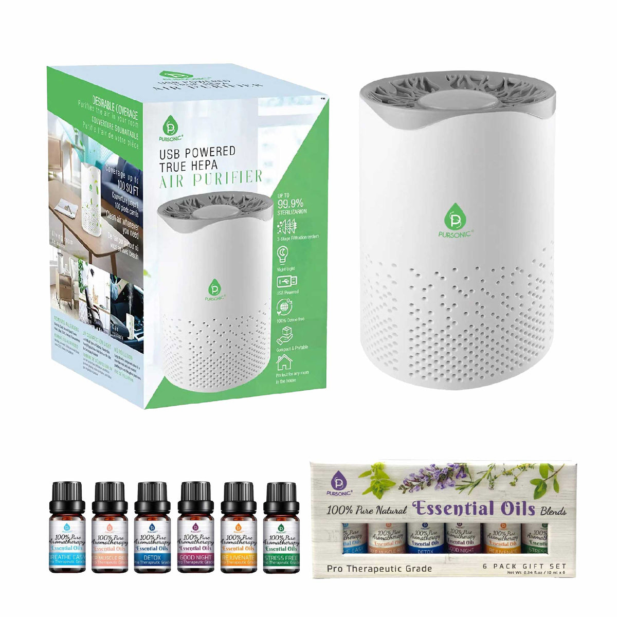 Pursonic Air Purifier with 6-Pack Premium Essential Oils Collection - Lunora Bloom lunorabloom#